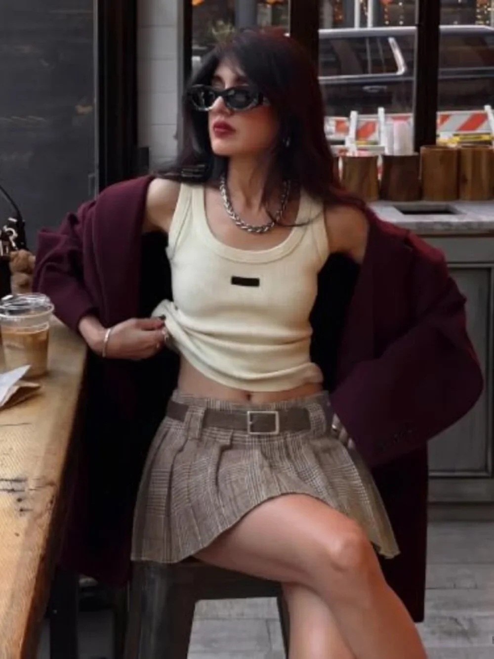 High-Waisted Pleated A-Line Mini Skirt with Belt, Built-in Shorts, Zipper,